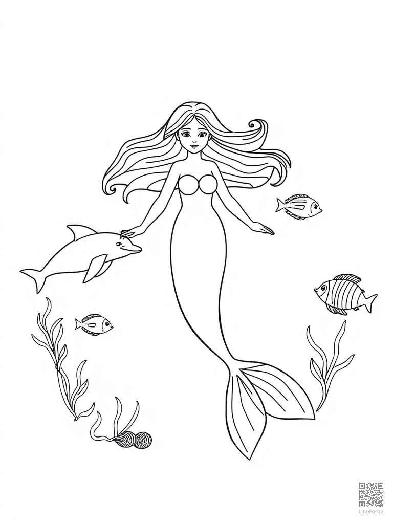 Mermaid swimming with dolphins and tropical fish coloring page Minimal style - free printable