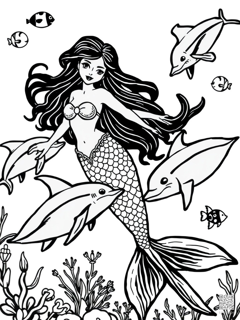 Mermaid swimming with dolphins and tropical fish coloring page Woodcut style - free printable