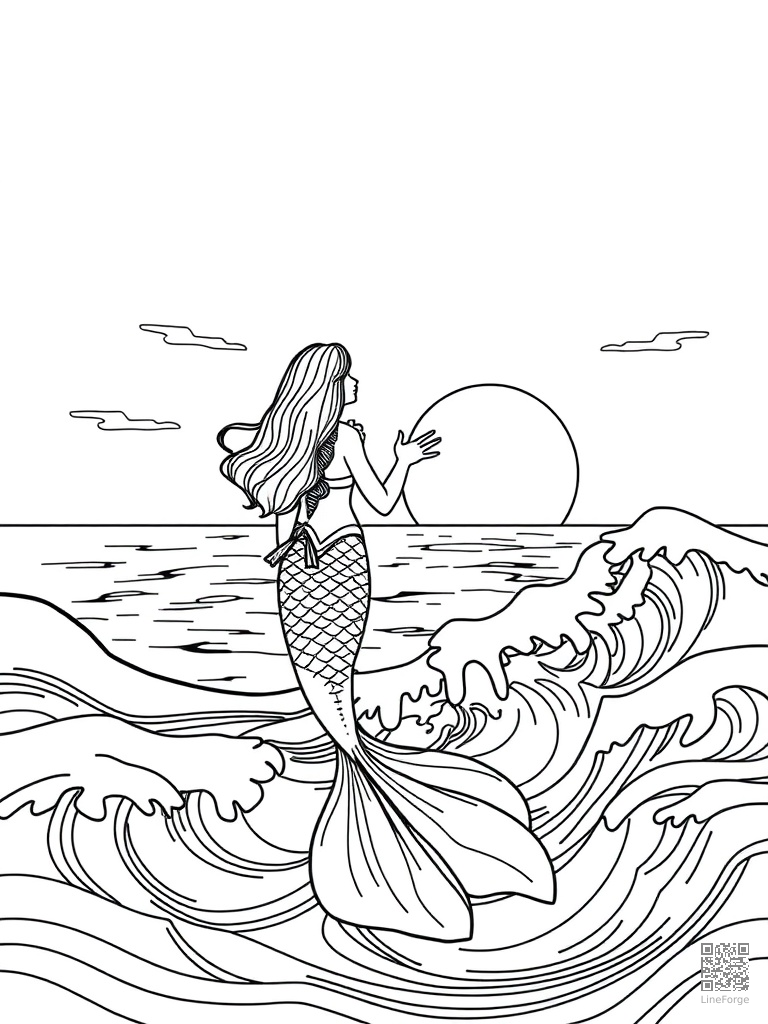 Mermaid watching a sunset from ocean waves coloring page Contour style - free printable