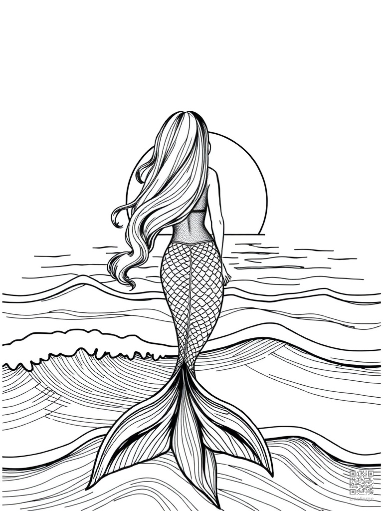 Mermaid watching a sunset from ocean waves coloring page Crosshatch style - free printable