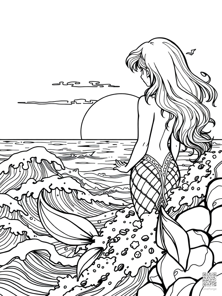 Mermaid watching a sunset from ocean waves coloring page Manga style - free printable
