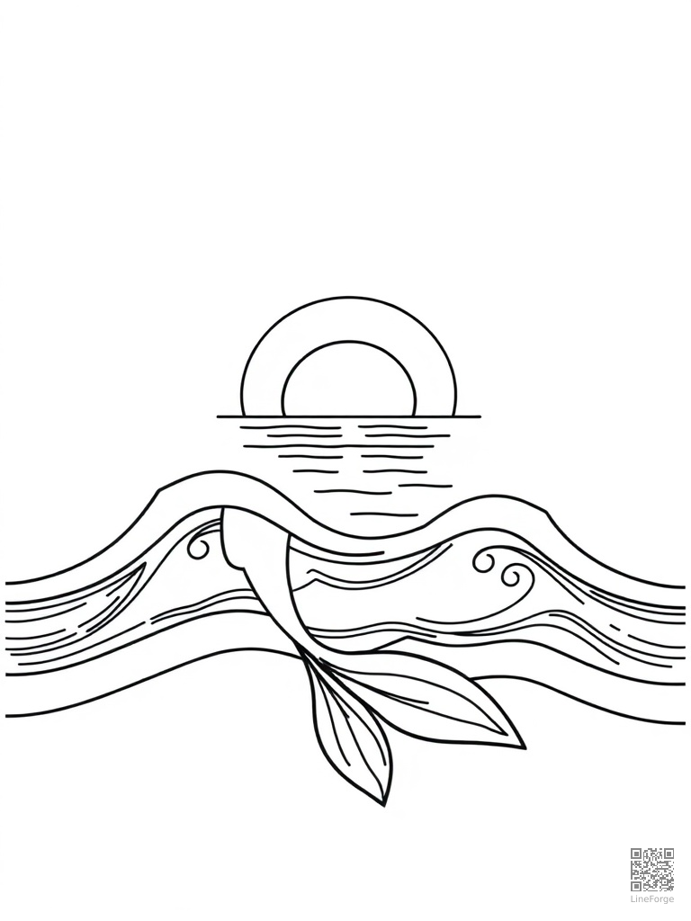 Mermaid watching a sunset from ocean waves coloring page Minimal style - free printable