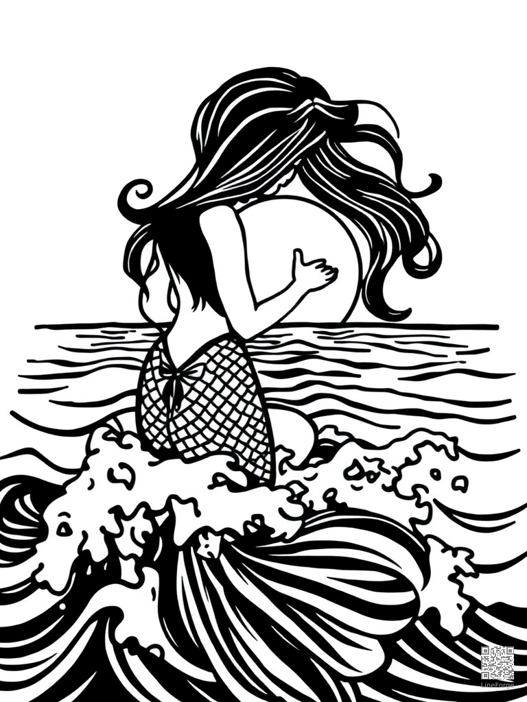 Mermaid watching a sunset from ocean waves coloring page Woodcut style - free printable