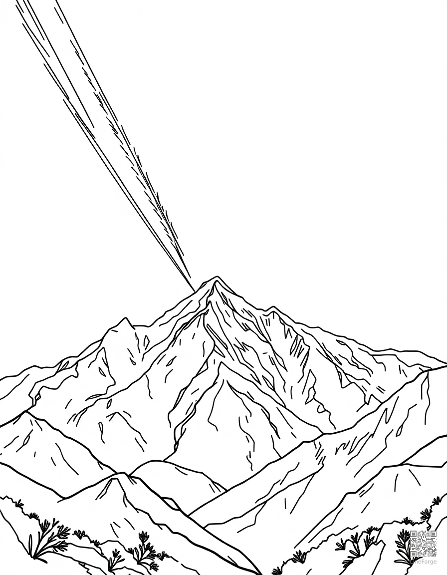 Free meteor shower over a mountain range coloring page in contour style — printable line art