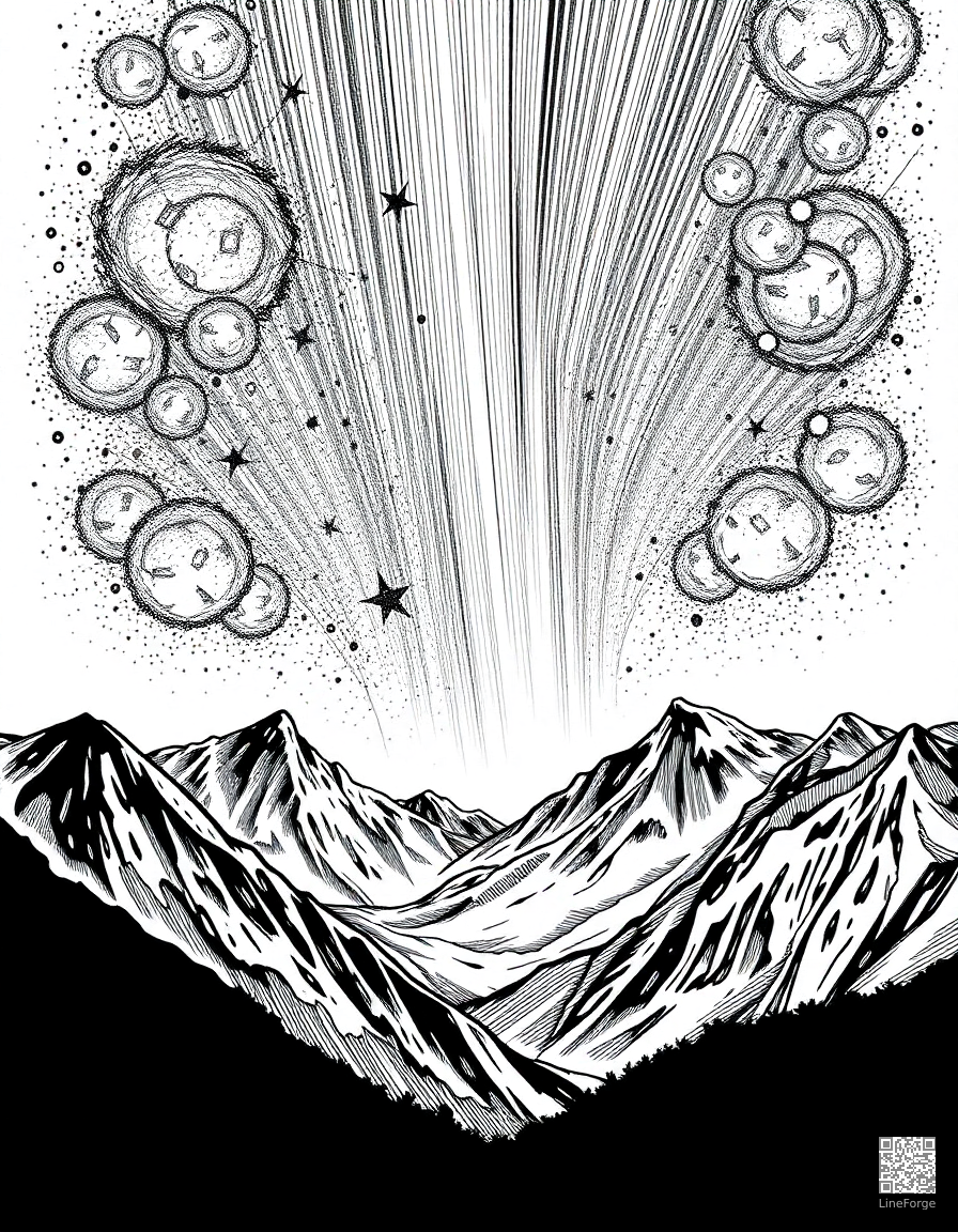 meteor shower over a mountain range coloring page Crosshatch style - free printable