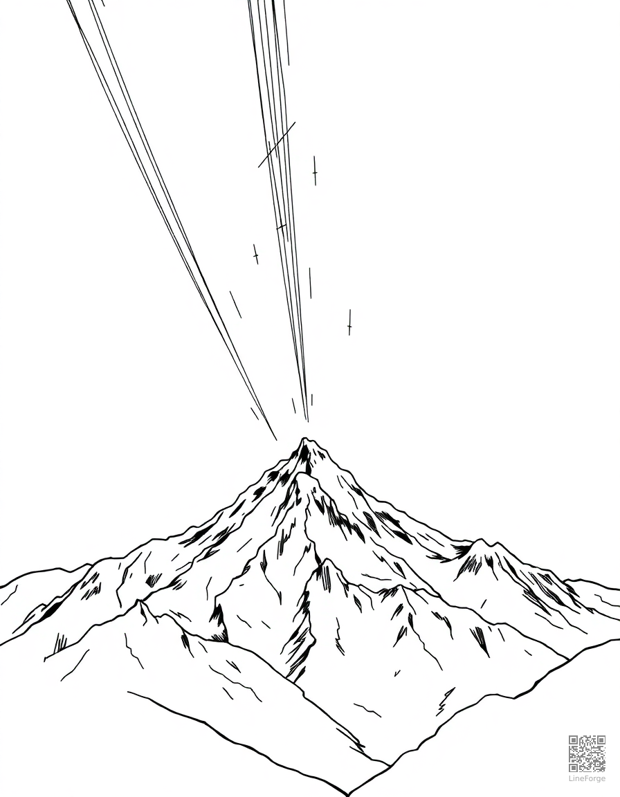 Free meteor shower over a mountain range coloring page in manga style — printable line art