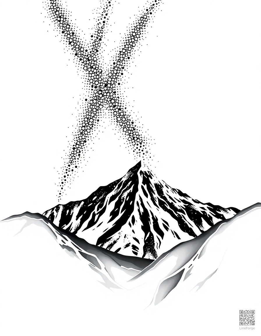 Free meteor shower over a mountain range coloring page in stipple style — printable line art