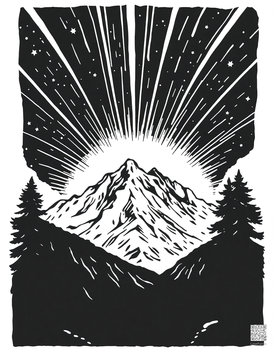 meteor shower over a mountain range coloring page Woodcut style - free printable