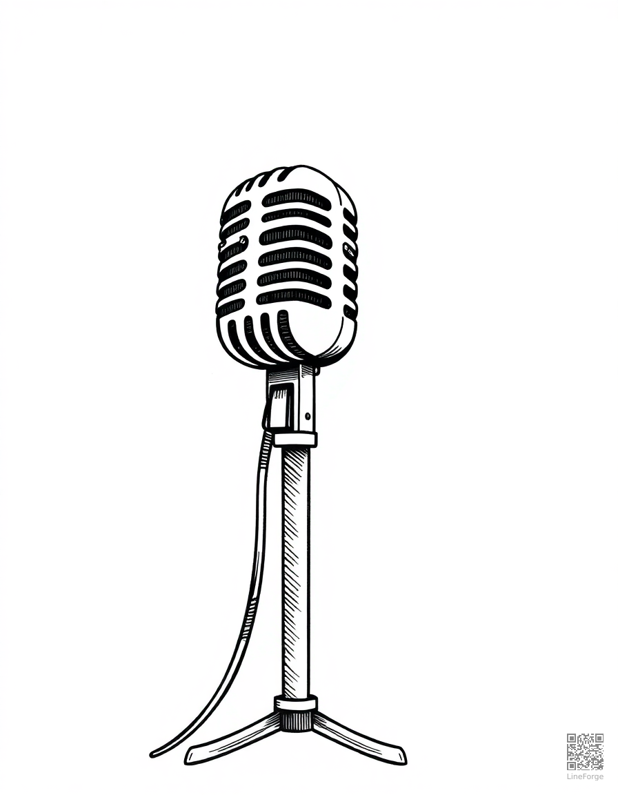 microphone on a stand with spotlight coloring page Crosshatch style - free printable