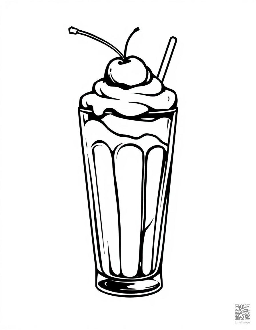 Free milkshake with cherry on top coloring page in woodcut style — printable line art