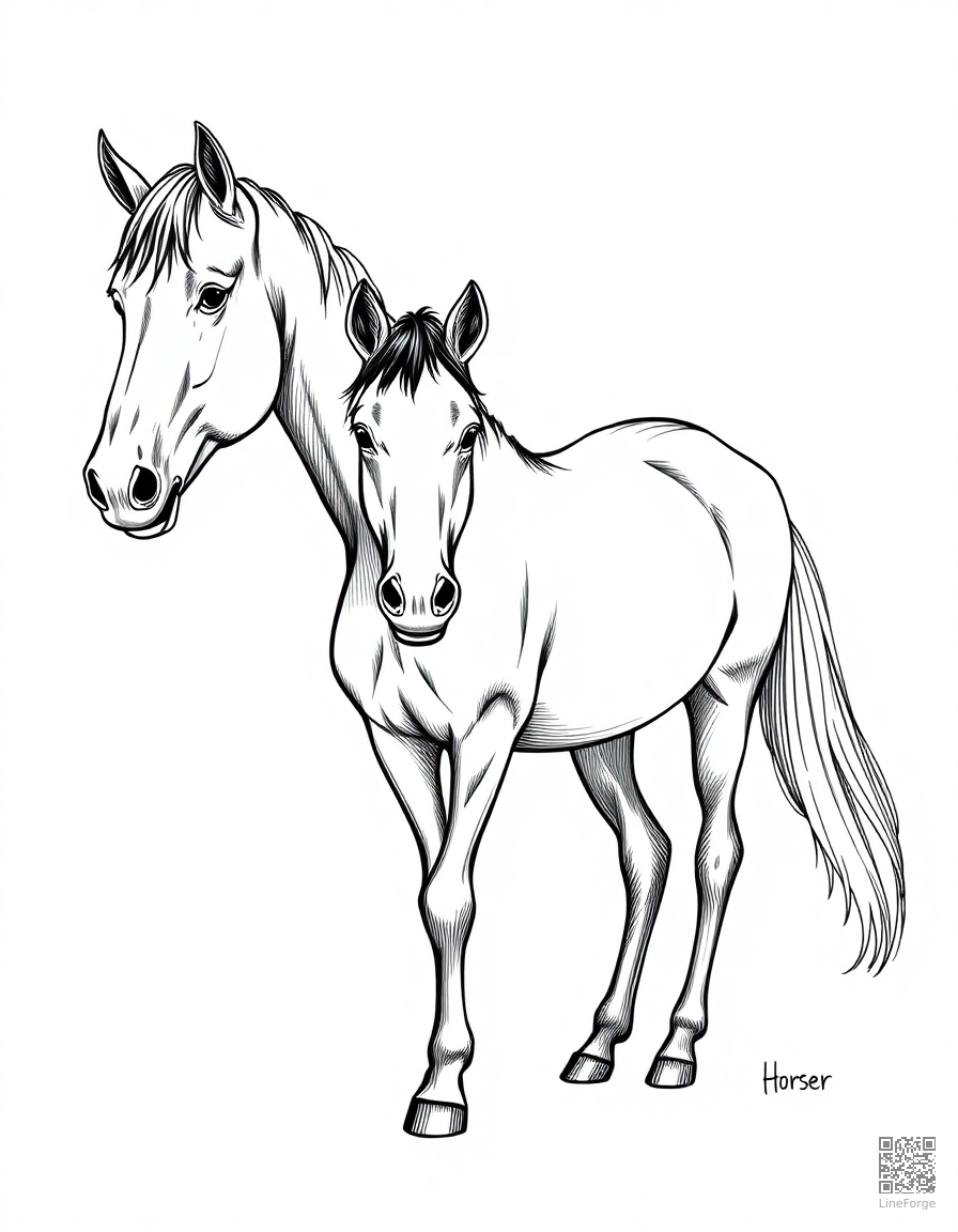 miniature horse standing next to a regular horse coloring page Crosshatch style - free printable
