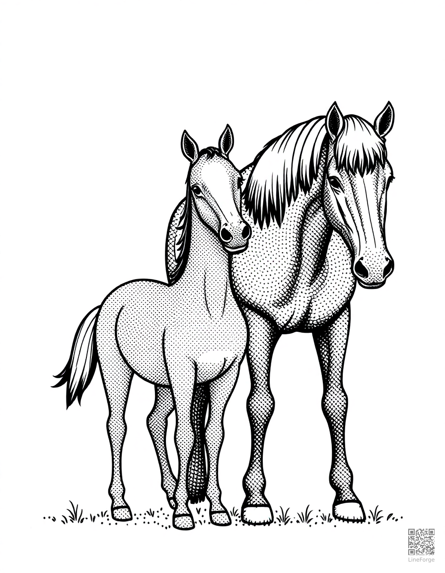 miniature horse standing next to a regular horse coloring page Stipple style - free printable
