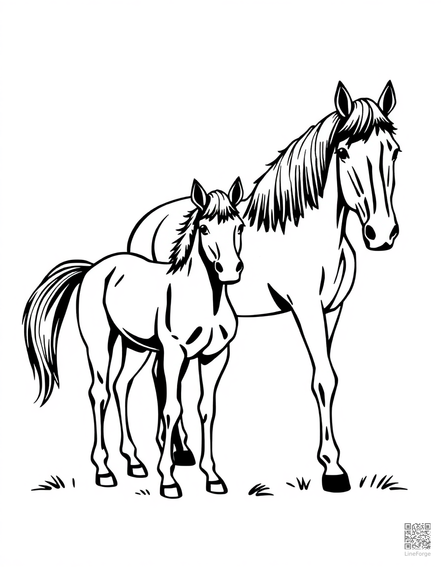 miniature horse standing next to a regular horse coloring page Woodcut style - free printable