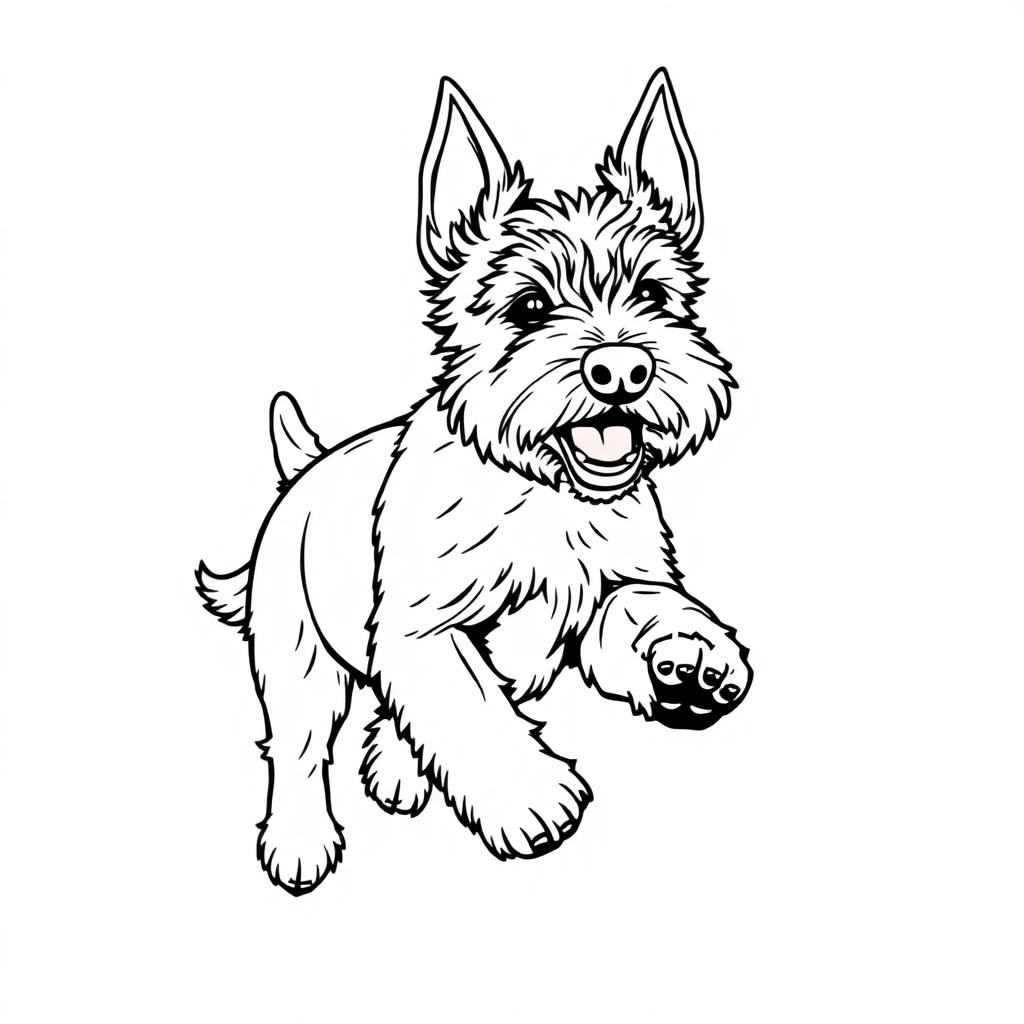 Miniature Schnauzer dog — playing and running, energetic and joyful coloring page Contour style - free printable
