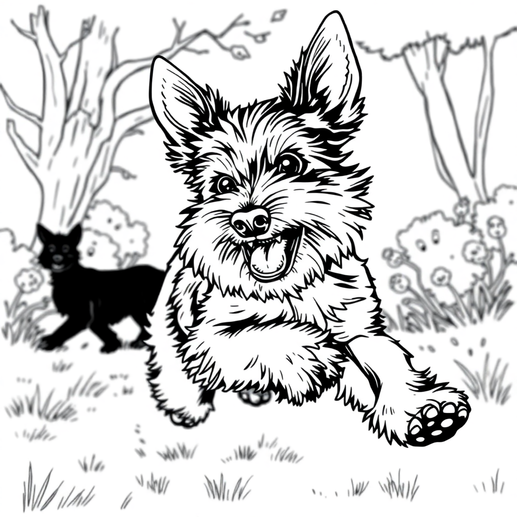 Miniature Schnauzer dog — playing and running, energetic and joyful coloring page Rockwell style free printable