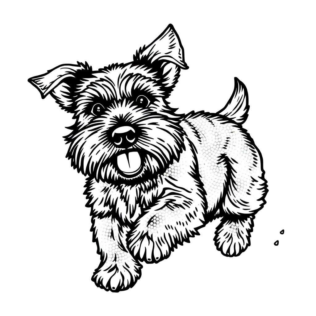 Miniature Schnauzer dog — playing and running, energetic and joyful coloring page Stipple style - free printable
