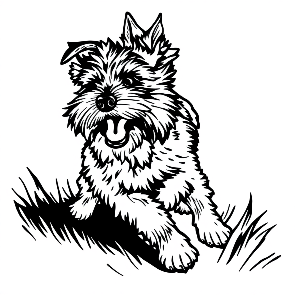 Miniature Schnauzer dog — playing and running, energetic and joyful coloring page Woodcut style - free printable