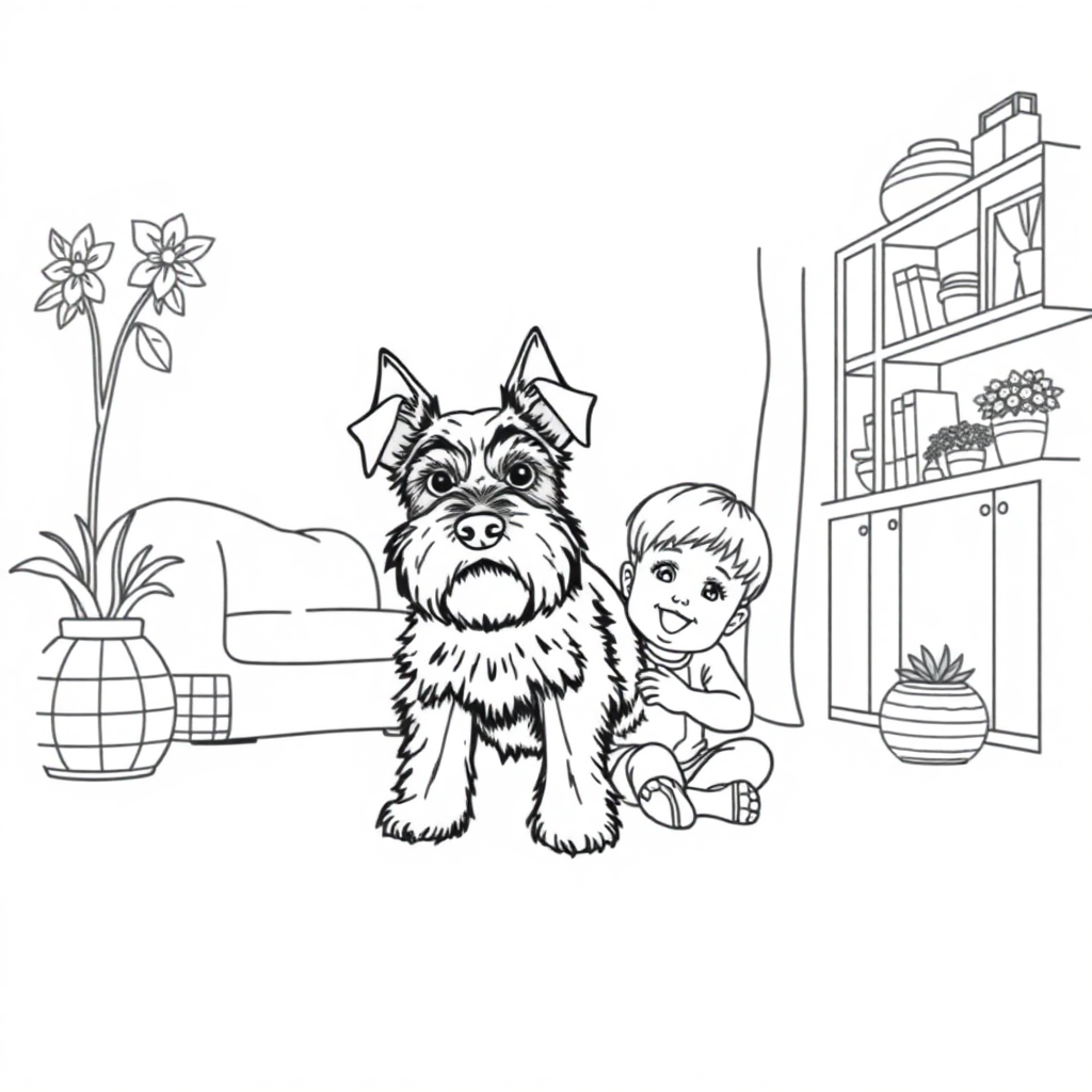 Miniature Schnauzer dog — with a young child in a cozy home setting coloring page Contour style - free printable