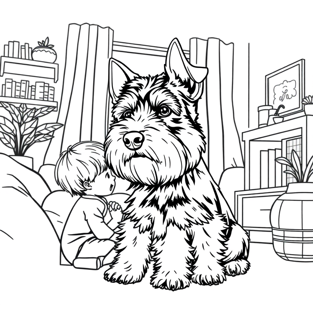 Miniature Schnauzer dog — with a young child in a cozy home setting coloring page Manga style - free printable