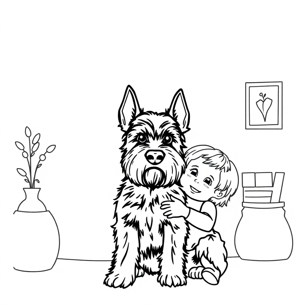 Miniature Schnauzer dog — with a young child in a cozy home setting coloring page Minimal style - free printable