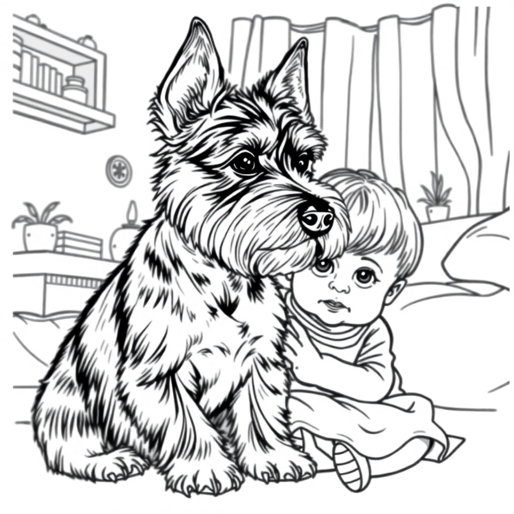 Miniature Schnauzer dog — with a young child in a cozy home setting coloring page Rockwell style free printable