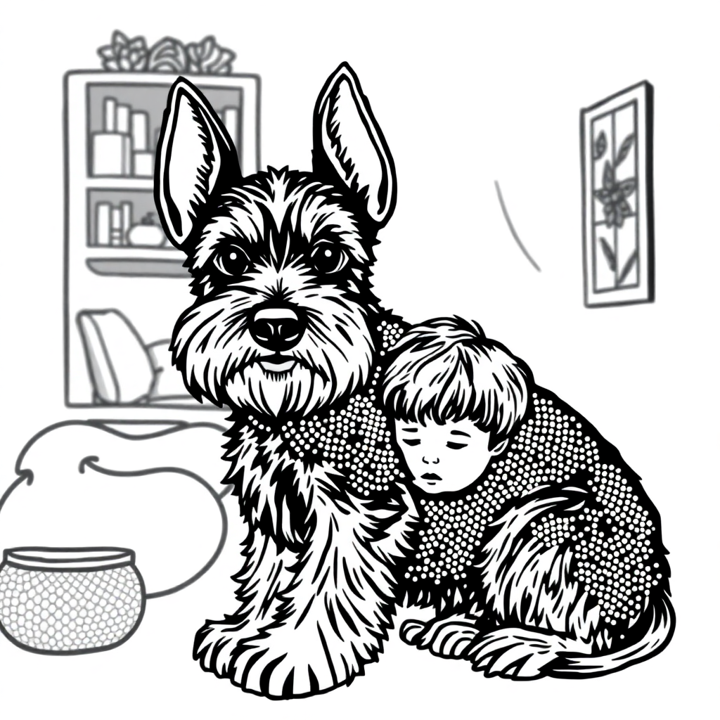 Miniature Schnauzer dog — with a young child in a cozy home setting coloring page Stipple style - free printable
