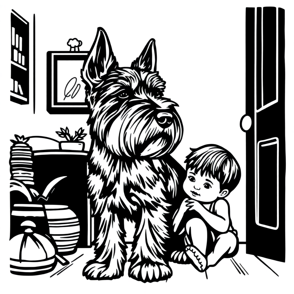 Miniature Schnauzer dog — with a young child in a cozy home setting coloring page Woodcut style - free printable