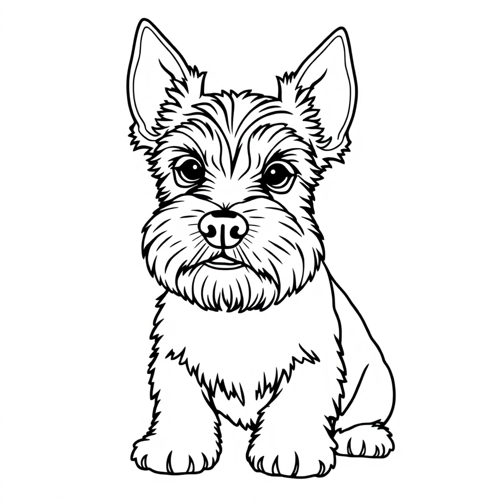 Miniature Schnauzer dog — sitting portrait, looking at viewer, friendly expression coloring page Contour style free printable