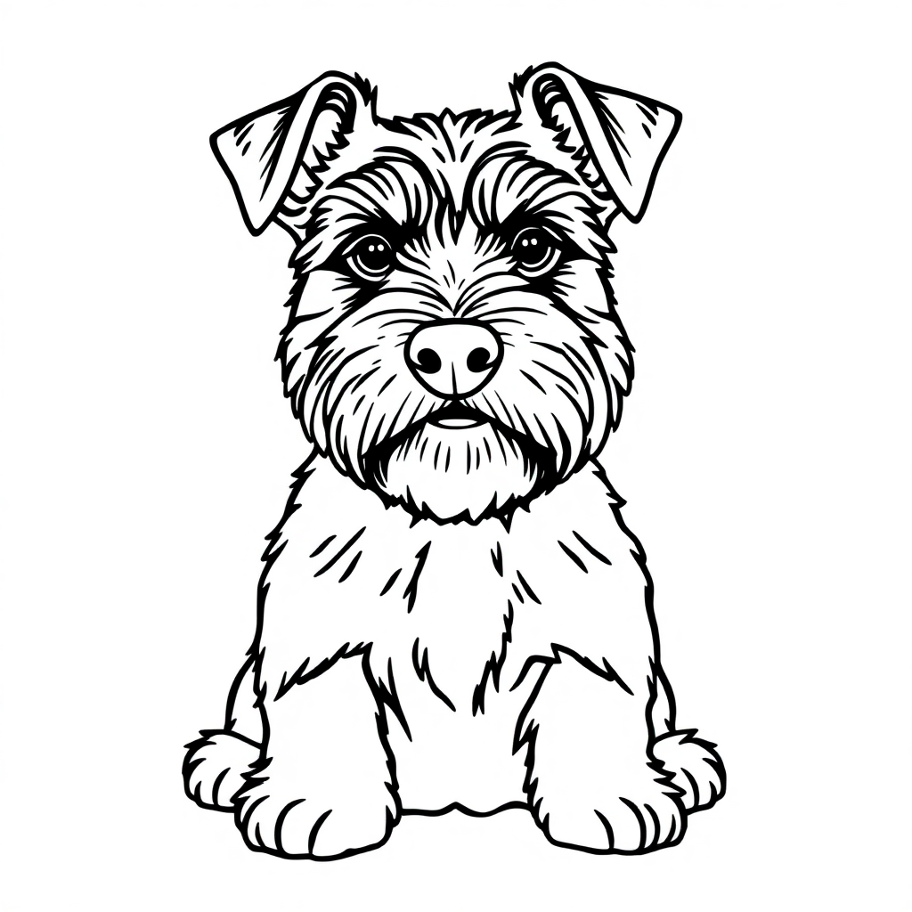 Miniature Schnauzer dog — sitting portrait, looking at viewer, friendly expression coloring page Minimal style free printable