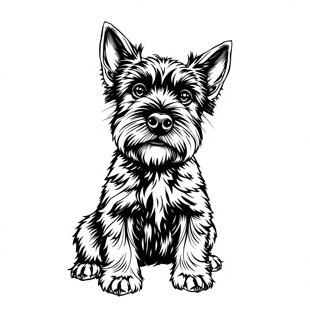 Miniature Schnauzer dog — sitting portrait, looking at viewer, friendly expression coloring page Rockwell style free printable
