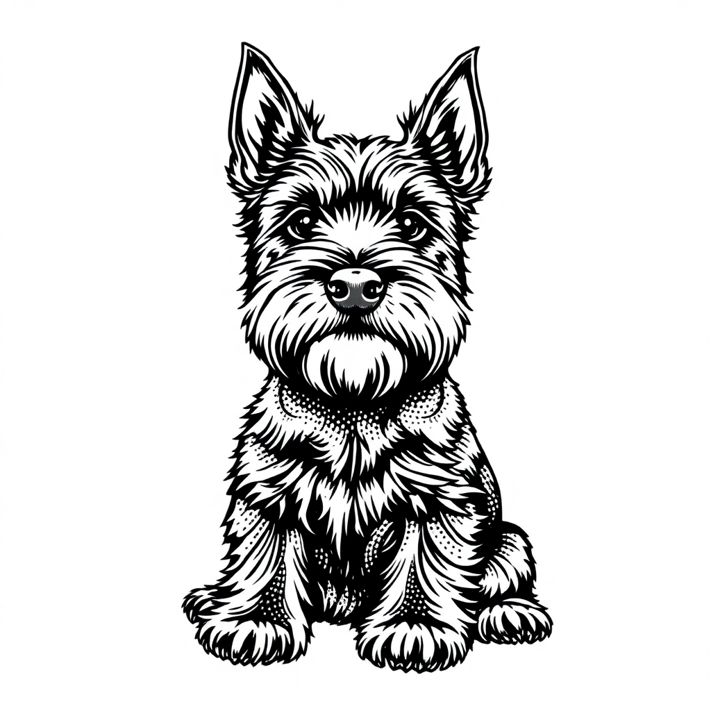 Miniature Schnauzer dog — sitting portrait, looking at viewer, friendly expression coloring page Stipple style free printable