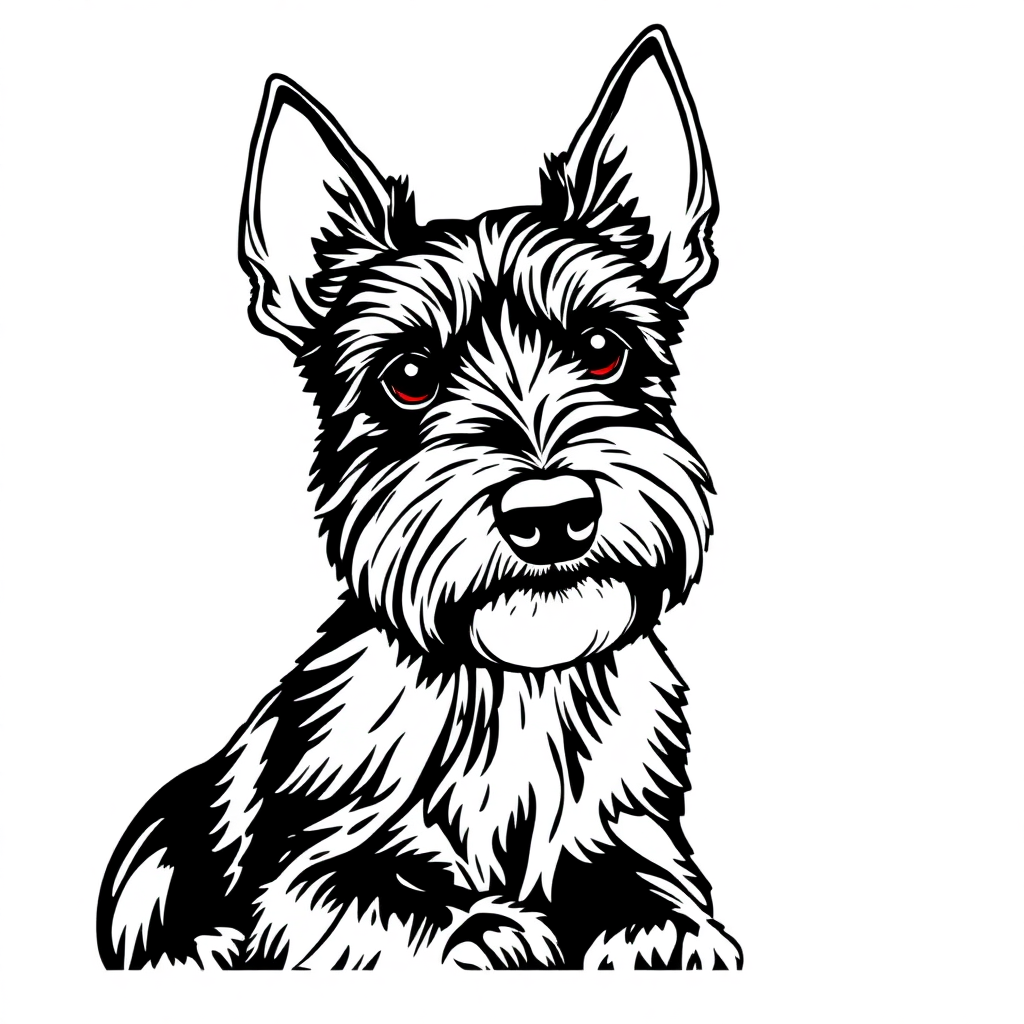 Miniature Schnauzer dog — sitting portrait, looking at viewer, friendly expression coloring page Woodcut style free printable