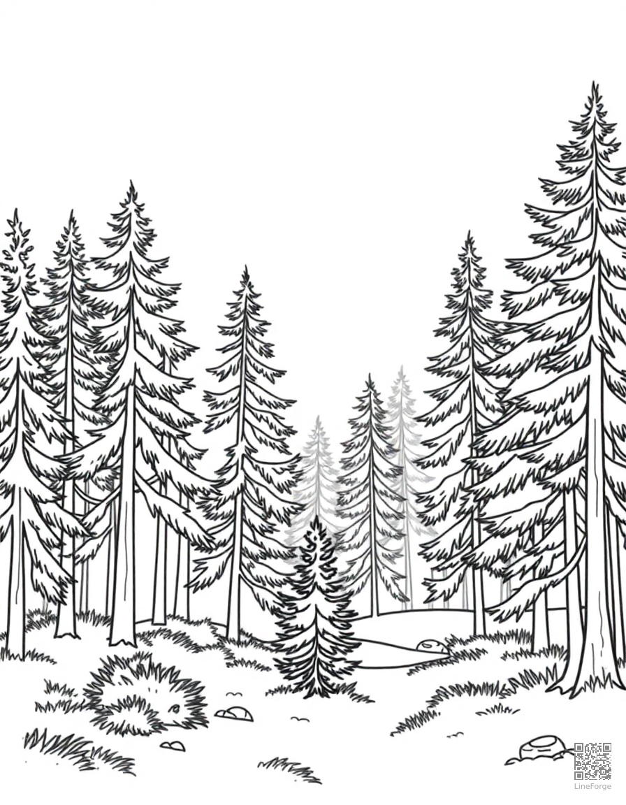 Free misty morning in a pine forest coloring page in contour style — printable line art