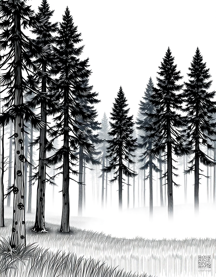 Free misty morning in a pine forest coloring page in crosshatch style — printable line art