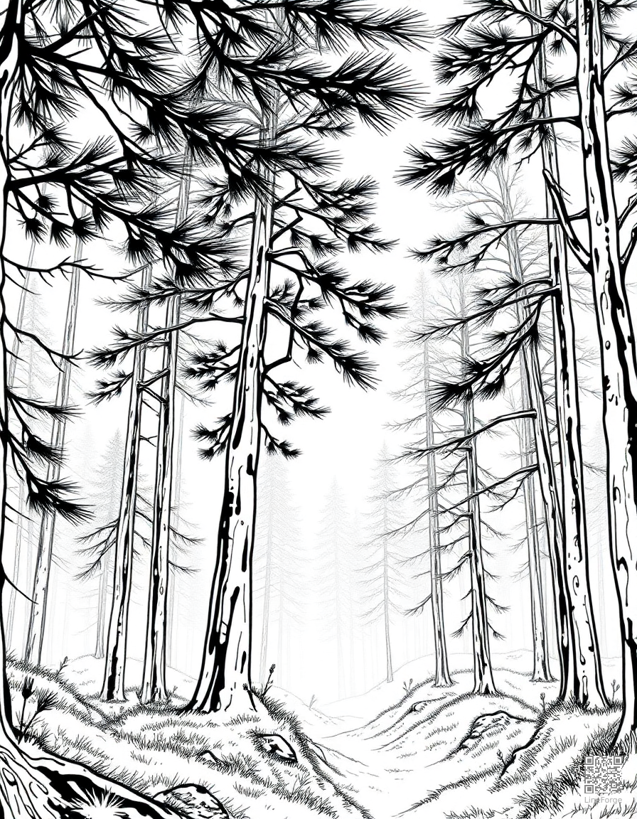 Free misty morning in a pine forest coloring page in manga style — printable line art