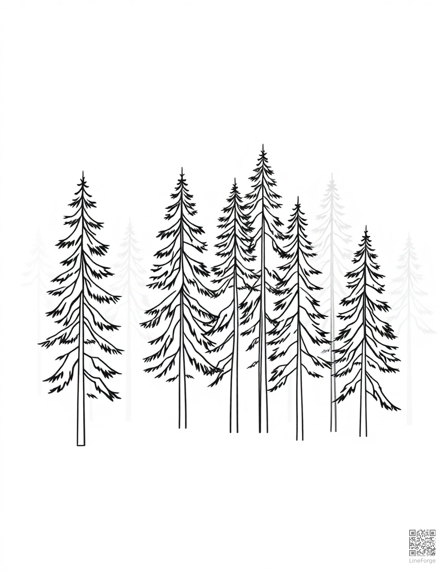 Free misty morning in a pine forest coloring page in minimal style — printable line art