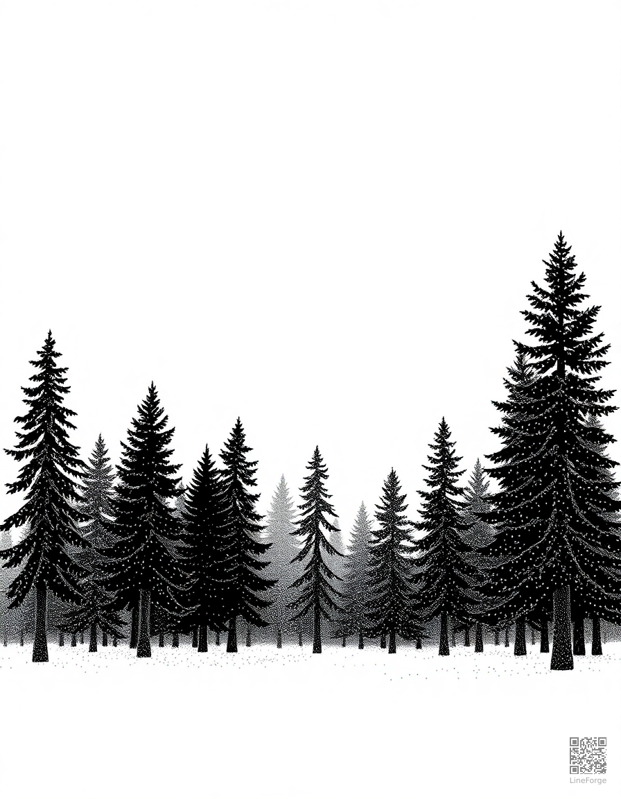 Free misty morning in a pine forest coloring page in stipple style — printable line art