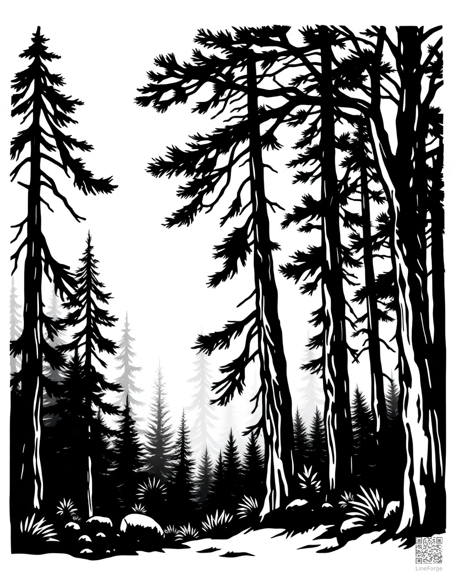 Free misty morning in a pine forest coloring page in woodcut style — printable line art