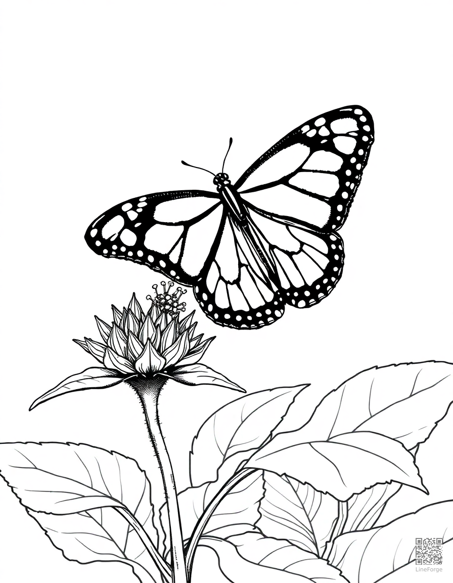 monarch butterfly on a milkweed plant coloring page Crosshatch style - free printable