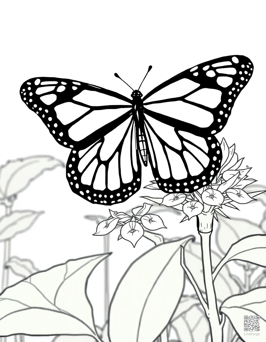 monarch butterfly on a milkweed plant coloring page Manga style - free printable