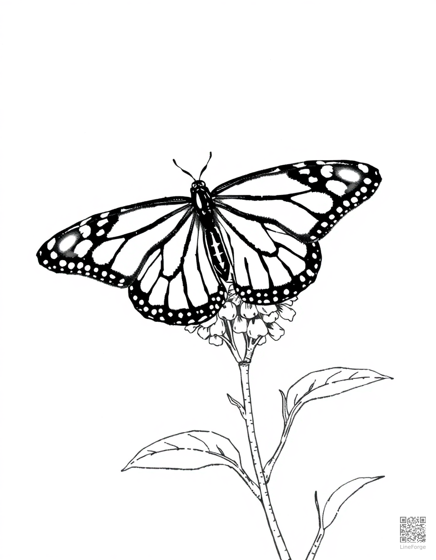 monarch butterfly on a milkweed plant coloring page Stipple style - free printable