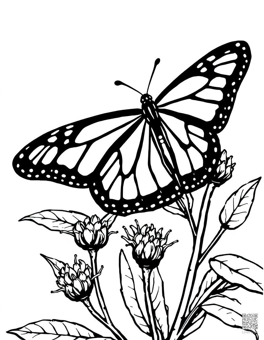 monarch butterfly on a milkweed plant coloring page Woodcut style - free printable