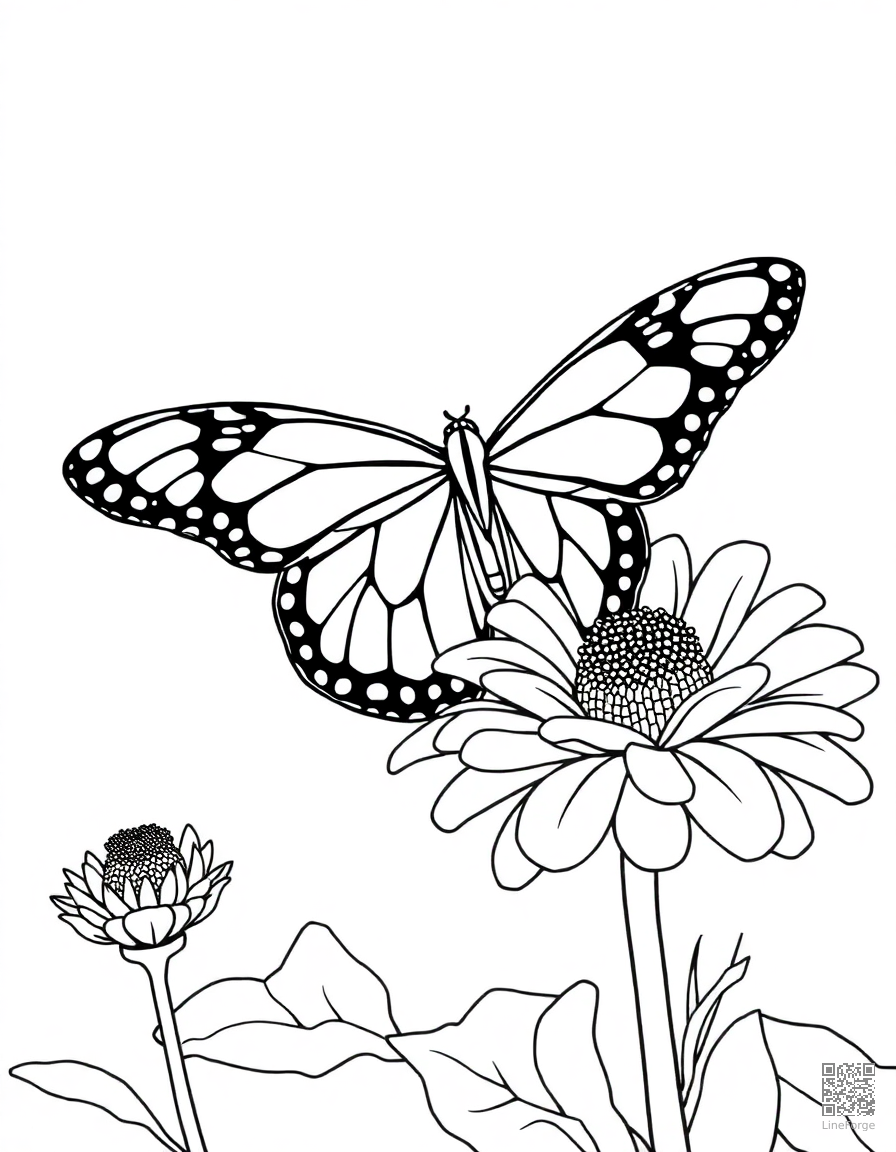 Free monarch butterfly on a wildflower coloring page in contour style — printable line art