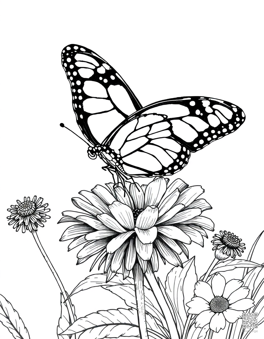 monarch butterfly on a wildflower coloring page Crosshatch style - free printable