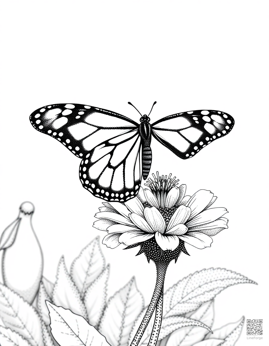 monarch butterfly on a wildflower coloring page Stipple style - free printable