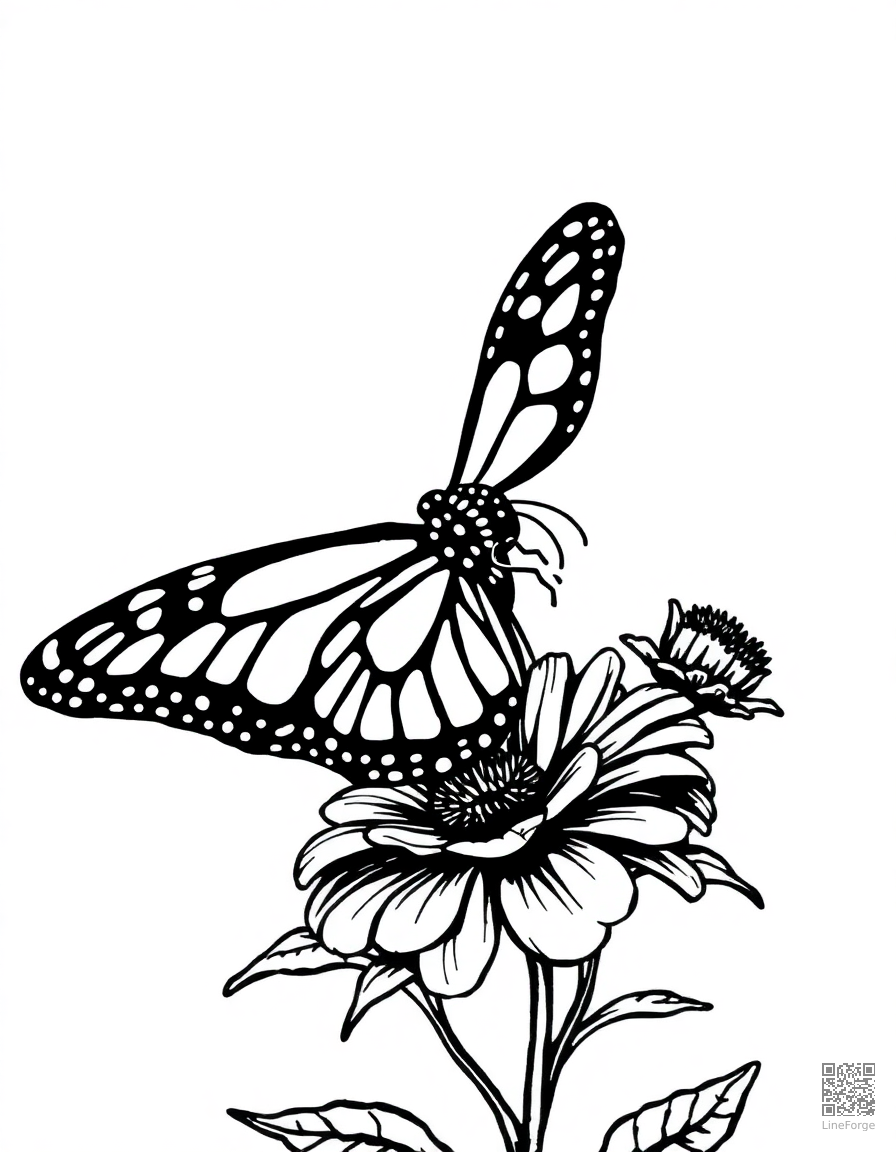 monarch butterfly on a wildflower coloring page Woodcut style - free printable
