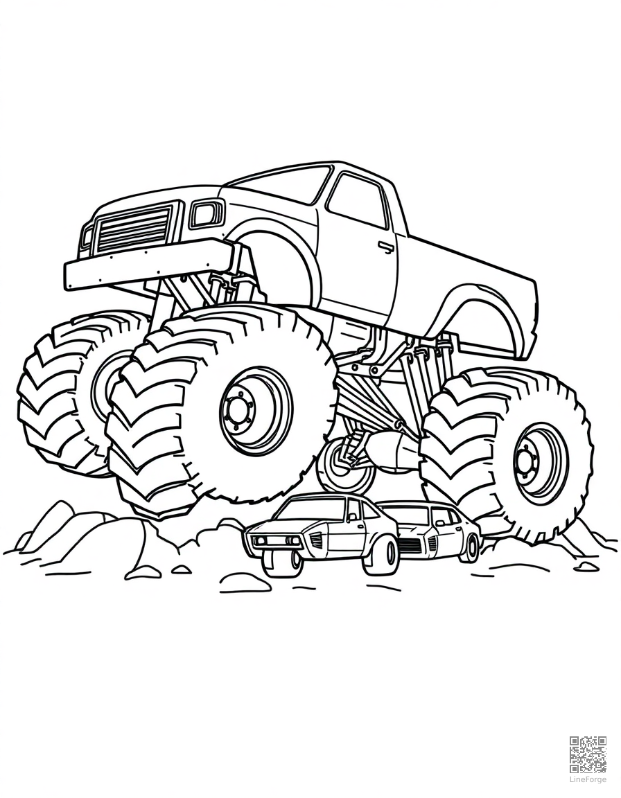 monster truck crushing smaller cars coloring page Contour style - free printable