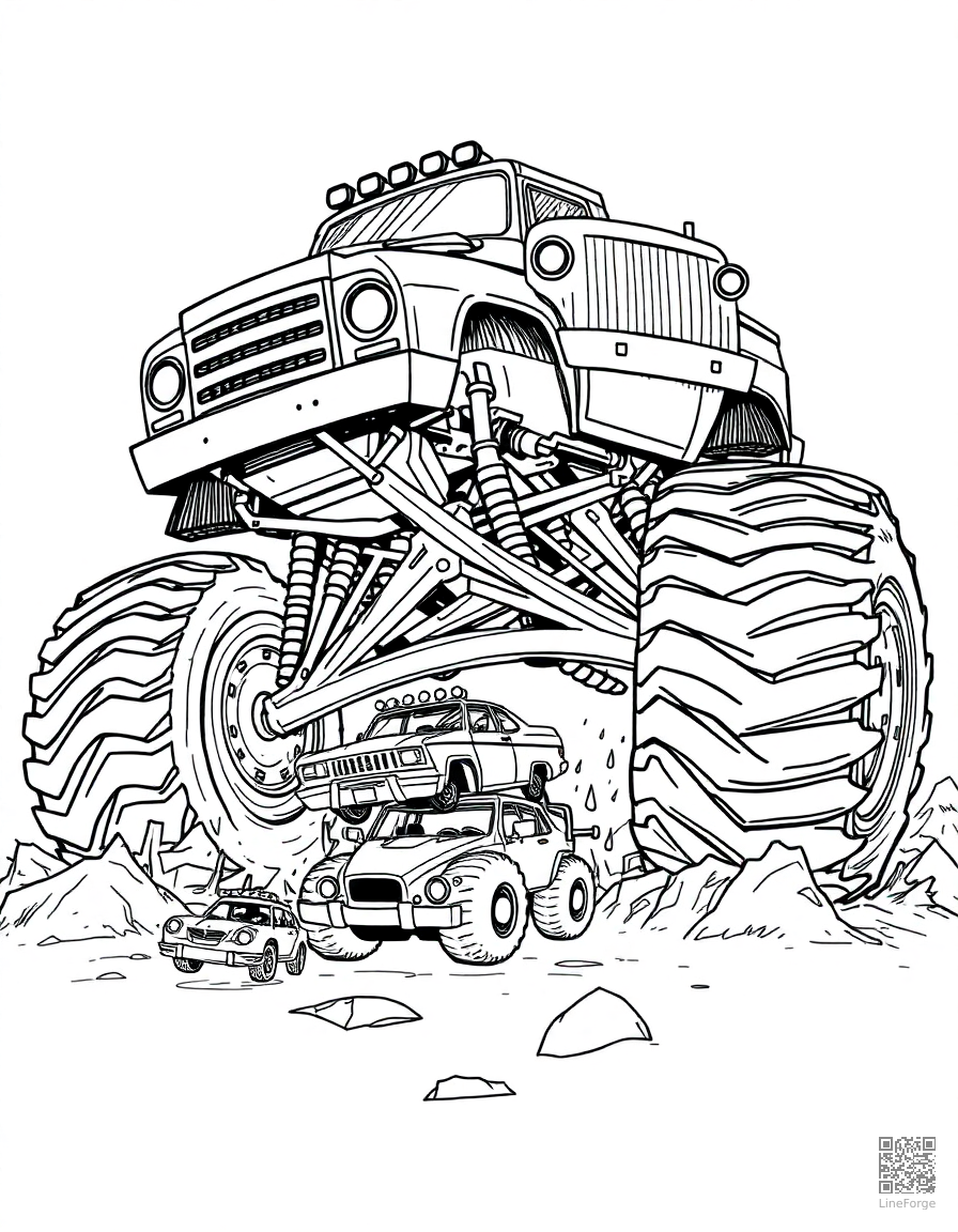 monster truck crushing smaller cars coloring page Crosshatch style - free printable