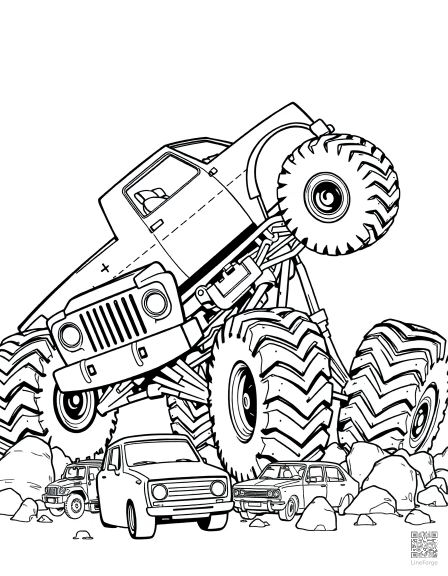 monster truck crushing smaller cars coloring page Manga style - free printable