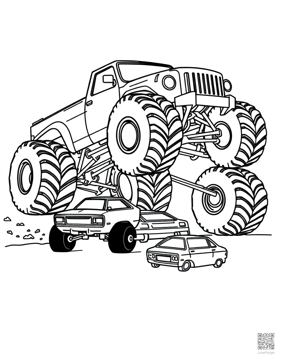 monster truck crushing smaller cars coloring page Minimal style - free printable